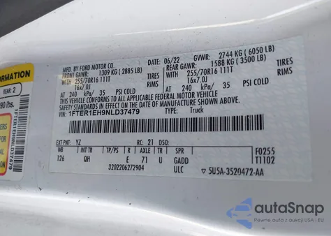 2022 Ford Ranger Xl z USA, uszkodzony, nr VIN 1FTER1EH9NLD37479